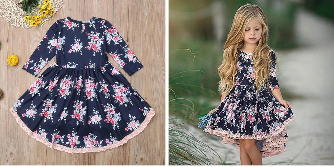 Princess Kids Baby Girl Casual Dress Lace Floral Party Solid Dresses, zoerea.com