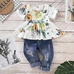 Baby Girl Clothes Set Long Sleeve Floral Shirt Tops and Denim Pants, zoerea.com