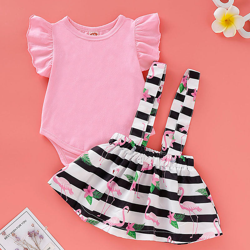 Baby Girls' Stripe Ruffle / Print Short Sleeve Regular Cotton Clothing Set, zoerea.com