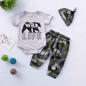 WILD LIFE Bear Print Bodysuit and Camouflage Pants with Hat Set, zoerea.com