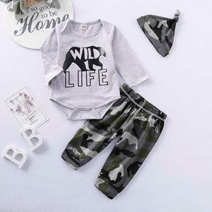 WILD LIFE Bear Print Long-sleeve Bodysuit and Camouflage Pants with Hat Set, zoerea.com