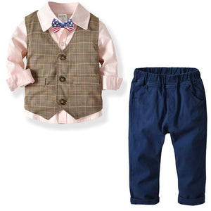 3-piece Bow Tie Shirt & Plaid Vest & Pants Set, zoerea.com