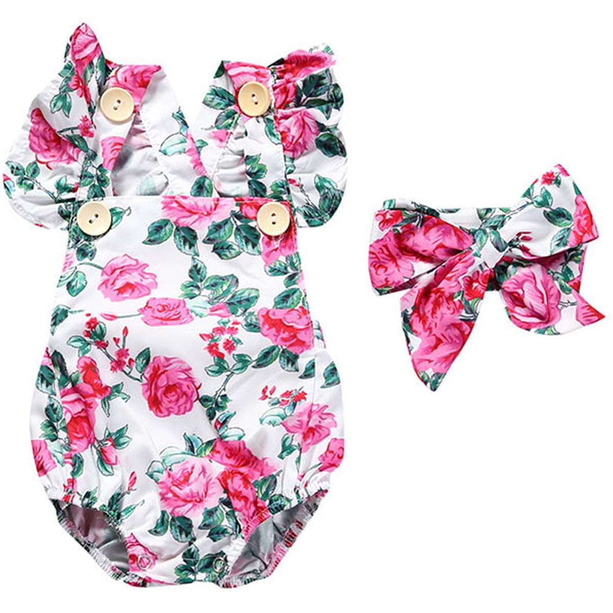 Pretty Floral Pattern Bodysuit And Headband Set, zoerea.com