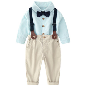 2-piece Bow Tie Striped Shirt And Suspender Pants, zoerea.com