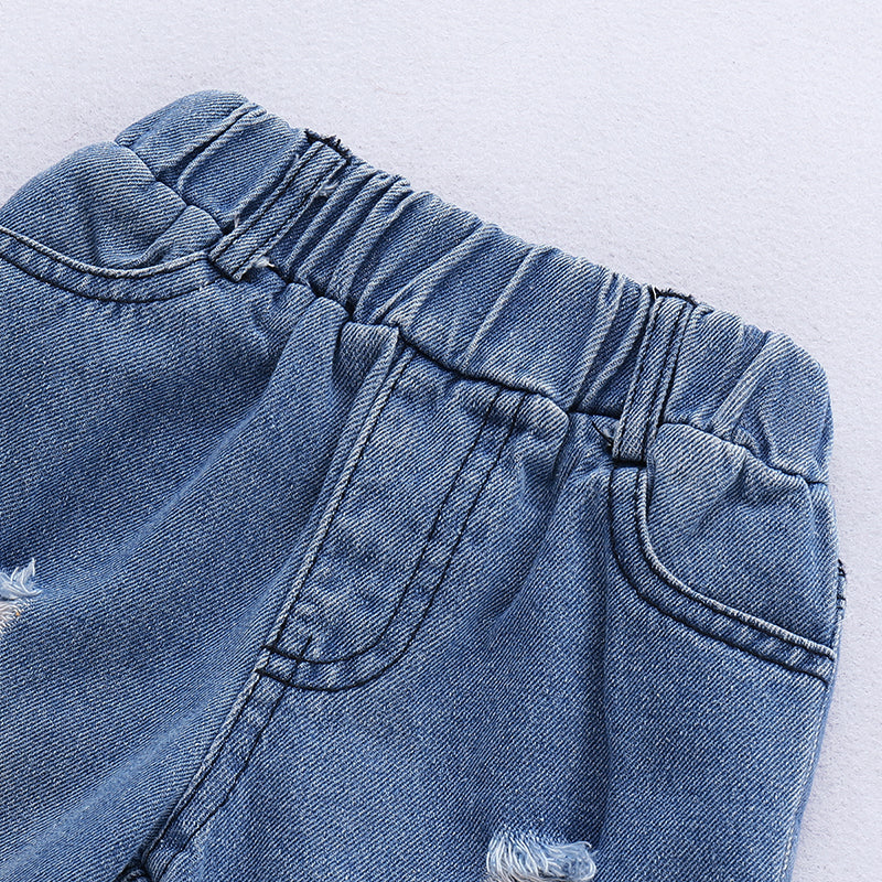 Baby Girls' Active / Basic Print Short Sleeve Ripped Jeans Clothing Set, zoerea.com