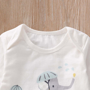 3-piece Cute Elephant Print Bodysuit, Animal Patterned Pants and Hat Set, zoerea.com