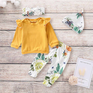 4-piece Solid Ruffle Top, Floral Pants, Hat And Headband Set, zoerea.com