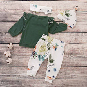 4-piece Solid Ruffle Top, Floral Pants, Hat And Headband Set, zoerea.com