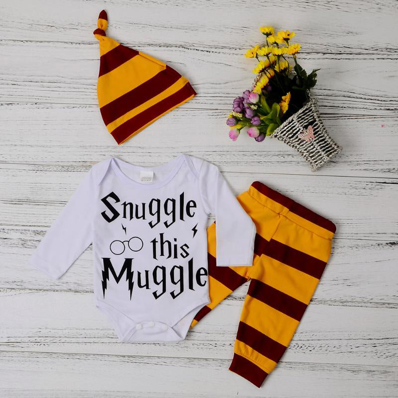 3-piece Letters Print Long-sleeve Bodysuit, Stripes Pants with Hat, zoerea.com