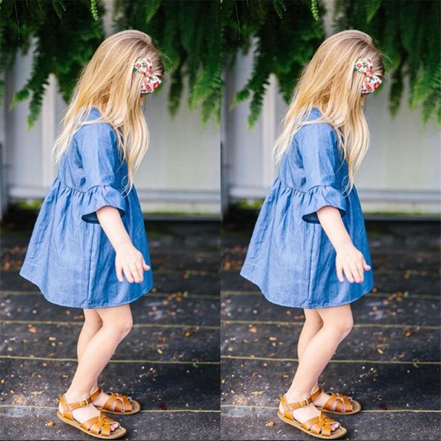 Hot Toddler Baby Kid Girl Ruffled Long Sleeve Denim Party Dress, zoerea.com