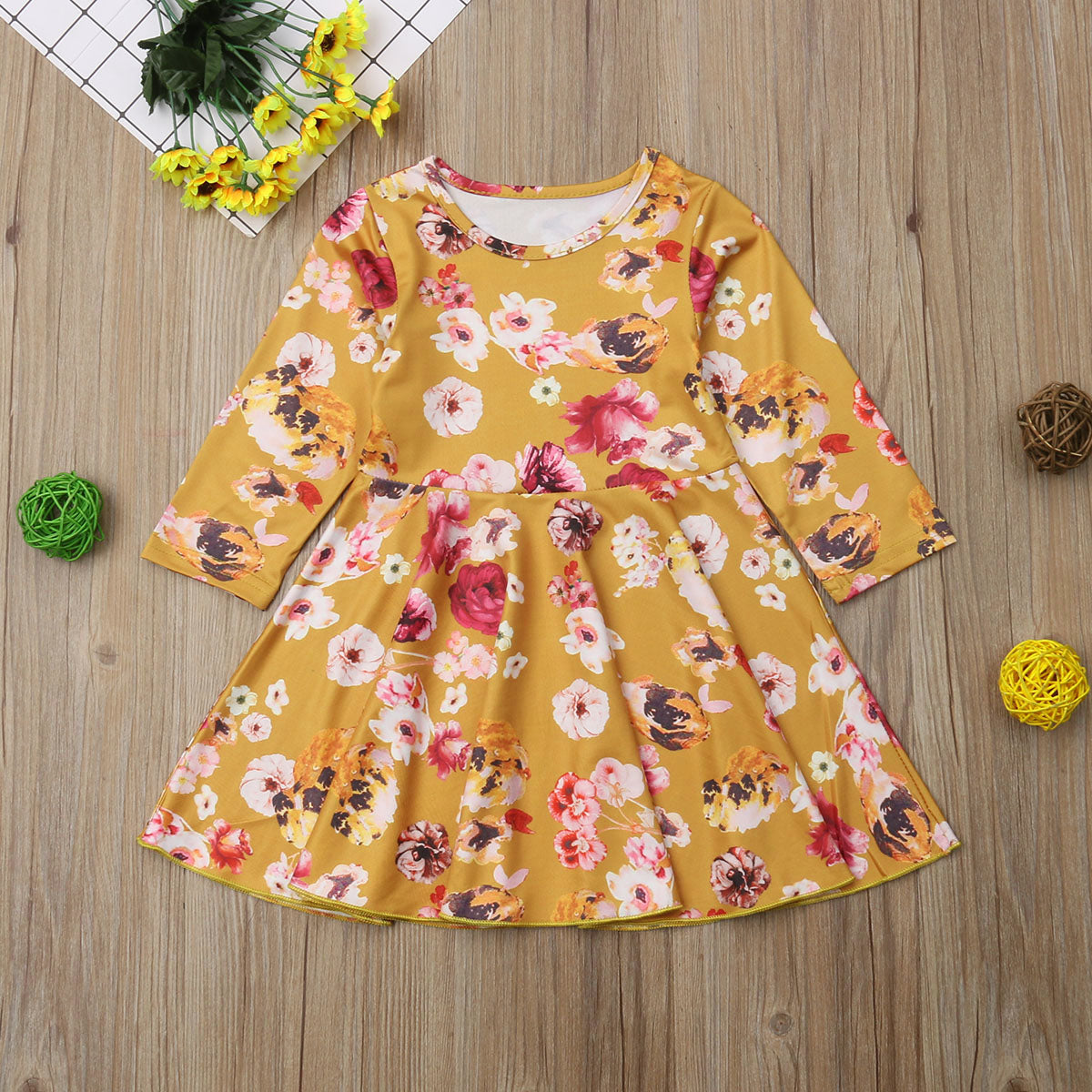 Baby Kids Girls Clothes Long Sleeves Princess Dress Floral Print Dress, zoerea.com