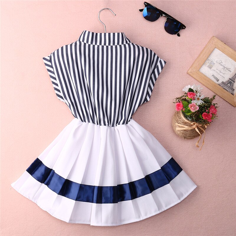 Toddler Kids Girls Navy Stripe Summer Clothes Party Dress Sundress, zoerea.com