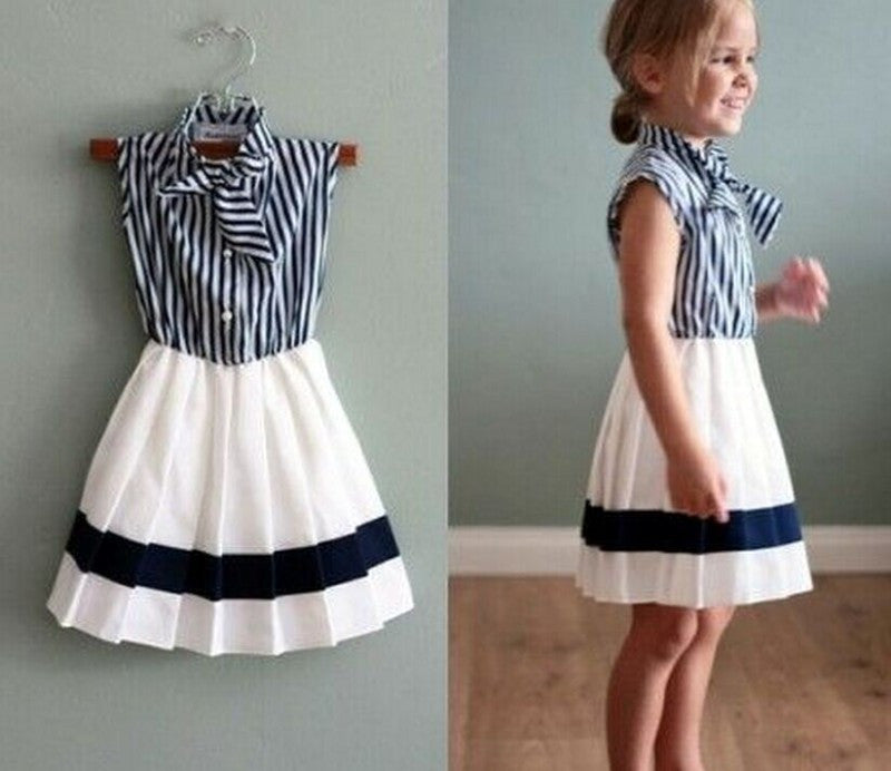 Toddler Kids Girls Navy Stripe Summer Clothes Party Dress Sundress, zoerea.com