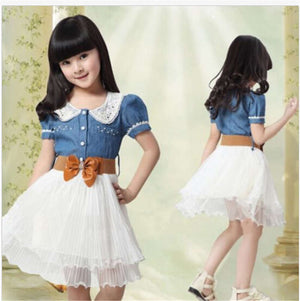 Baby Girls Kids Teenager Princess Stitching Bow Belt Denim Tulle Dress, zoerea.com