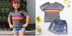 Rainbow Short-sleeve Top And Ripped Denim Shorts Set, zoerea.com