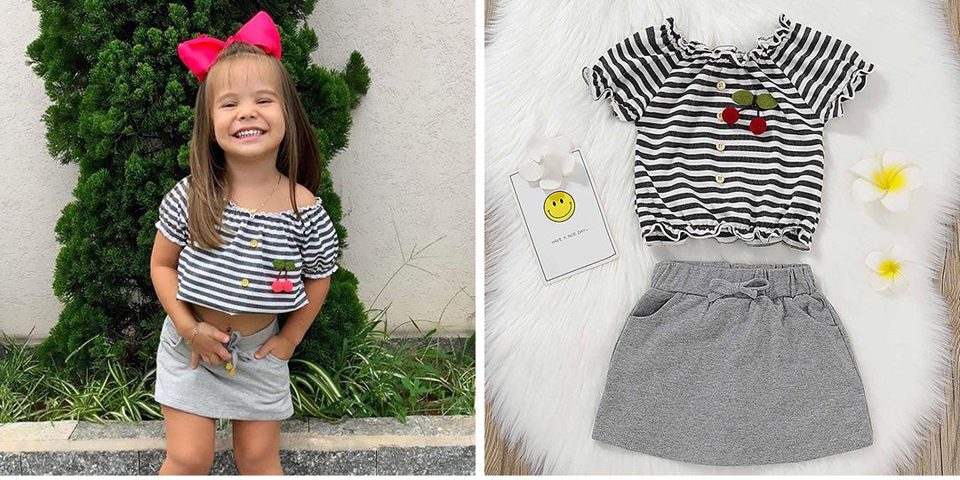 Cute Striped Buttons Front Top And Solid Skirt Set, zoerea.com