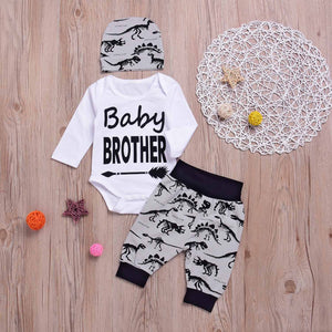 3-piece BABY BROTHER Print Bodysuit, Dinosaur Pants And Hat Set, zoerea.com
