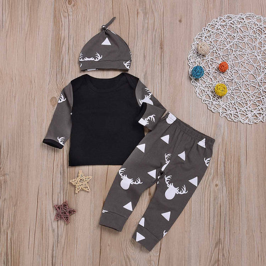 3-piece Elk Triangle Patterned Long Sleeve Top, Bottom and Hat Set, zoerea.com
