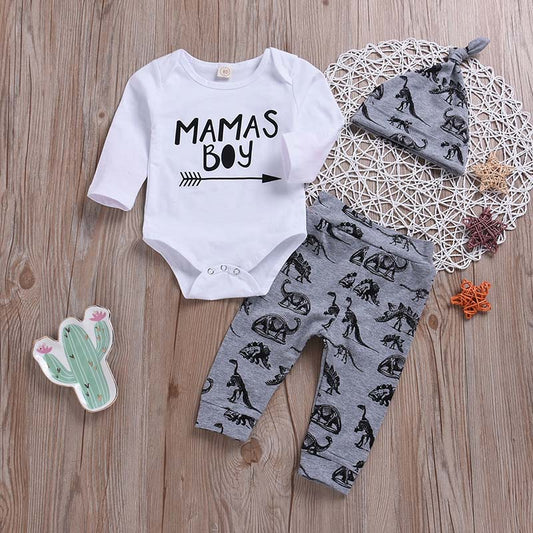 3-piece Stylish Letter Print Long-sleeve Bodysuit, Dinosaur Patterned Pants and Hat Set, zoerea.com