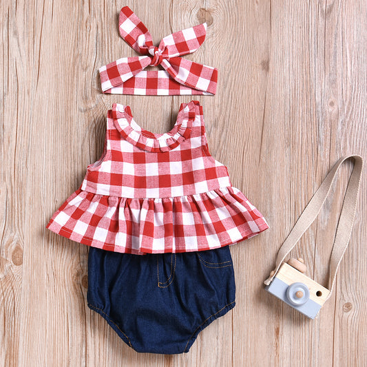 3-piece Plaid Style Top and Denim Shorts with Headband Set, zoerea.com