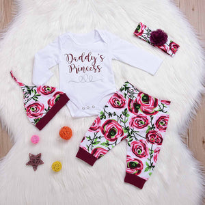 4-piece ' Daddy's Princess' Bodysuit and Floral Print Pants, Hat, Headband, zoerea.com