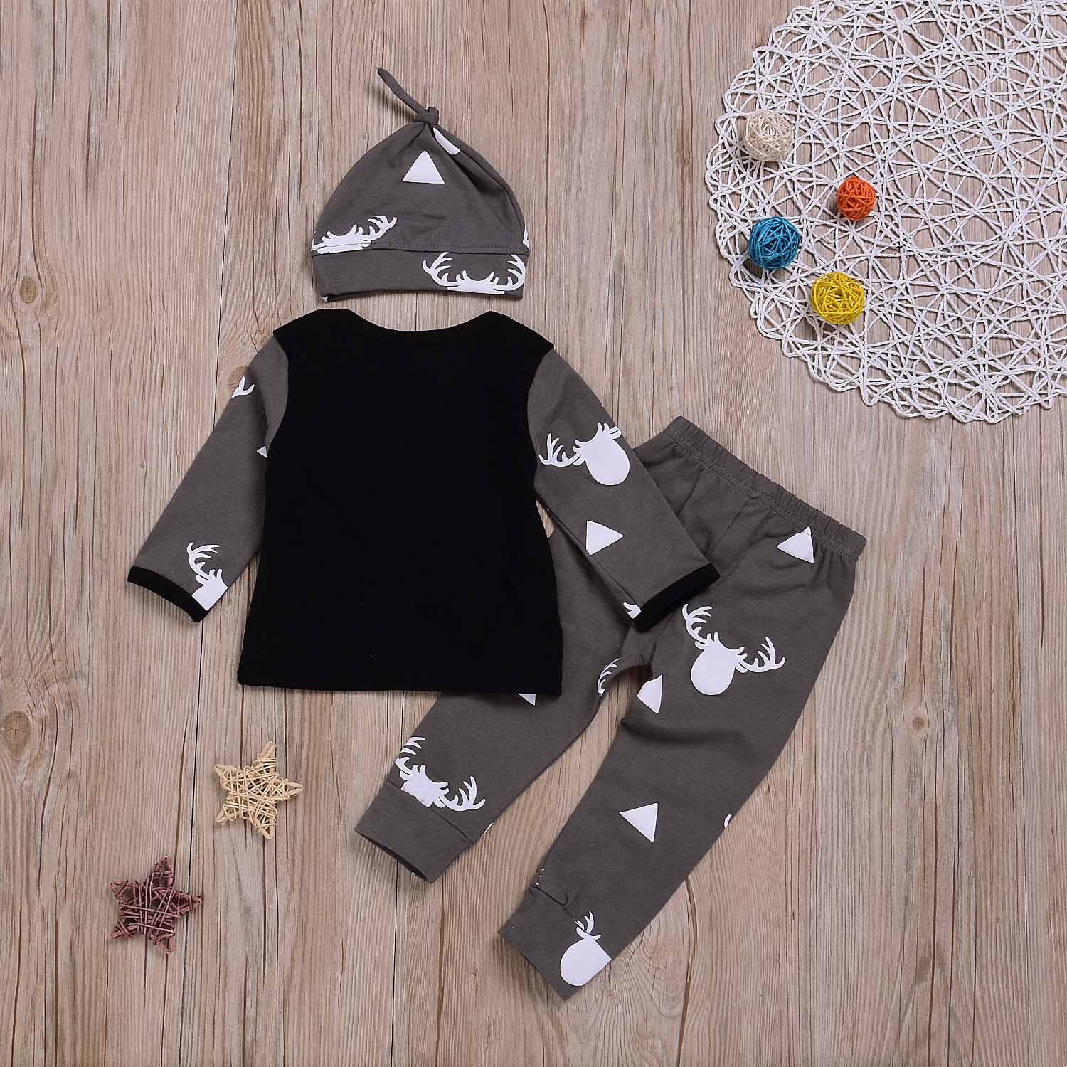 3-piece Elk Triangle Patterned Long Sleeve Top, Bottom and Hat Set, zoerea.com