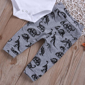 3-piece Stylish Letter Print Long-sleeve Bodysuit, Dinosaur Patterned Pants and Hat Set, zoerea.com