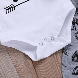 3-piece Stylish Letter Print Long-sleeve Bodysuit, Dinosaur Patterned Pants and Hat Set, zoerea.com