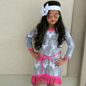 New Fashion Kids Girls Long Sleeve Print Belted Skater Party Dress, zoerea.com