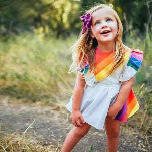 Kids Baby Girl Romper Rainbow Striped Ruffle Sleeve Party Dress, zoerea.com