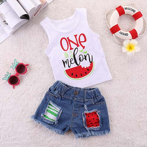 Watermelon Print Tank and Denim Ripped Watermelon Shorts Set, zoerea.com