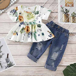 Baby Girl Clothes Set Long Sleeve Floral Shirt Tops and Denim Pants, zoerea.com