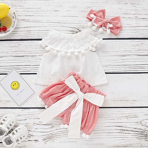 Pompon Decor Flounced Collar Top, Bowknot Shorts and Headband, zoerea.com
