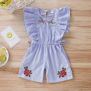 Cute Striped Embroidery Ruffle-sleeve Romper, zoerea.com