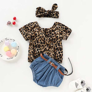 3-piece Leopard Short-sleeve Top And Denim Shorts, zoerea.com