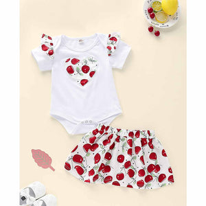 Layered Ruffle Bodysuit And Cherry Pattern Dress Set, zoerea.com