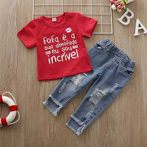 Letter Print Short-sleeve Tee And Ripped Jeans, zoerea.com