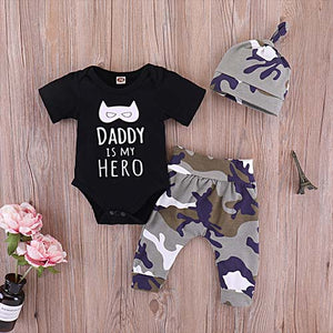 3-piece Daddy's My Hero Letter Print Bodysuit, Pants With Hat Outfit, zoerea.com