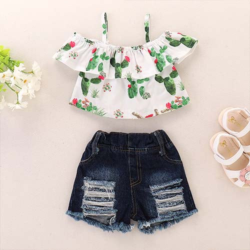 Ruffled Cactus Top And Ripped Denim Shorts Set, zoerea.com