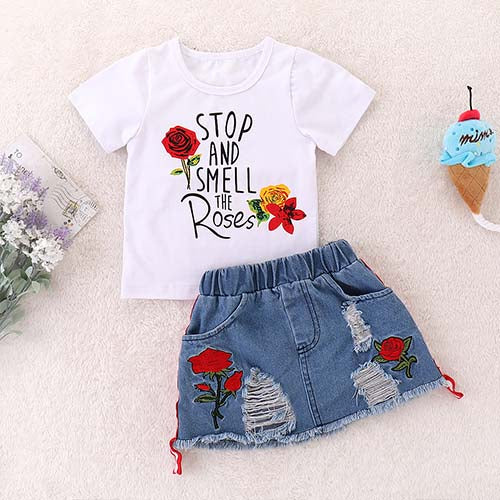 Rose Tee And Ripped Denim Skirt Set, zoerea.com