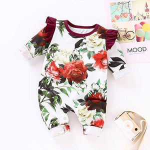 Floral Print Ruffle Decor Bodysuit, zoerea.com