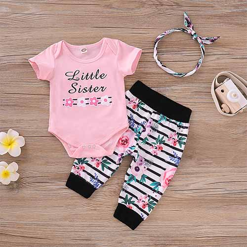 3-piece Flower Print Bodysuit and Striped Pants Set, zoerea.com