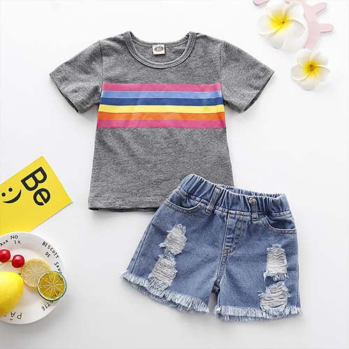 Rainbow Short-sleeve Top And Ripped Denim Shorts Set, zoerea.com