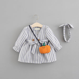 3-piece Cute Striped Belted Dress With a Bag, zoerea.com