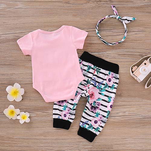 3-piece Flower Print Bodysuit and Striped Pants Set, zoerea.com