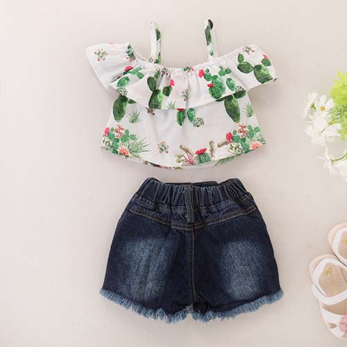 Ruffled Cactus Top And Ripped Denim Shorts Set, zoerea.com