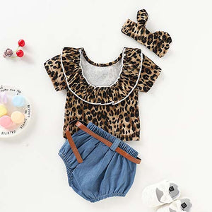 3-piece Leopard Short-sleeve Top And Denim Shorts, zoerea.com