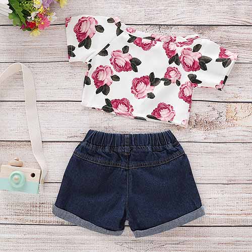 Floral Print Top And Denim Shorts Set, zoerea.com