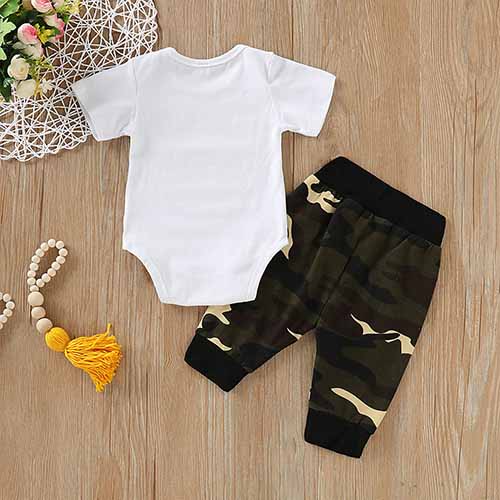 Letter Print Bodysuit And Camouflage Pants Set, zoerea.com
