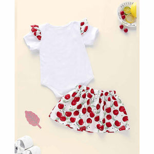 Layered Ruffle Bodysuit And Cherry Pattern Dress Set, zoerea.com